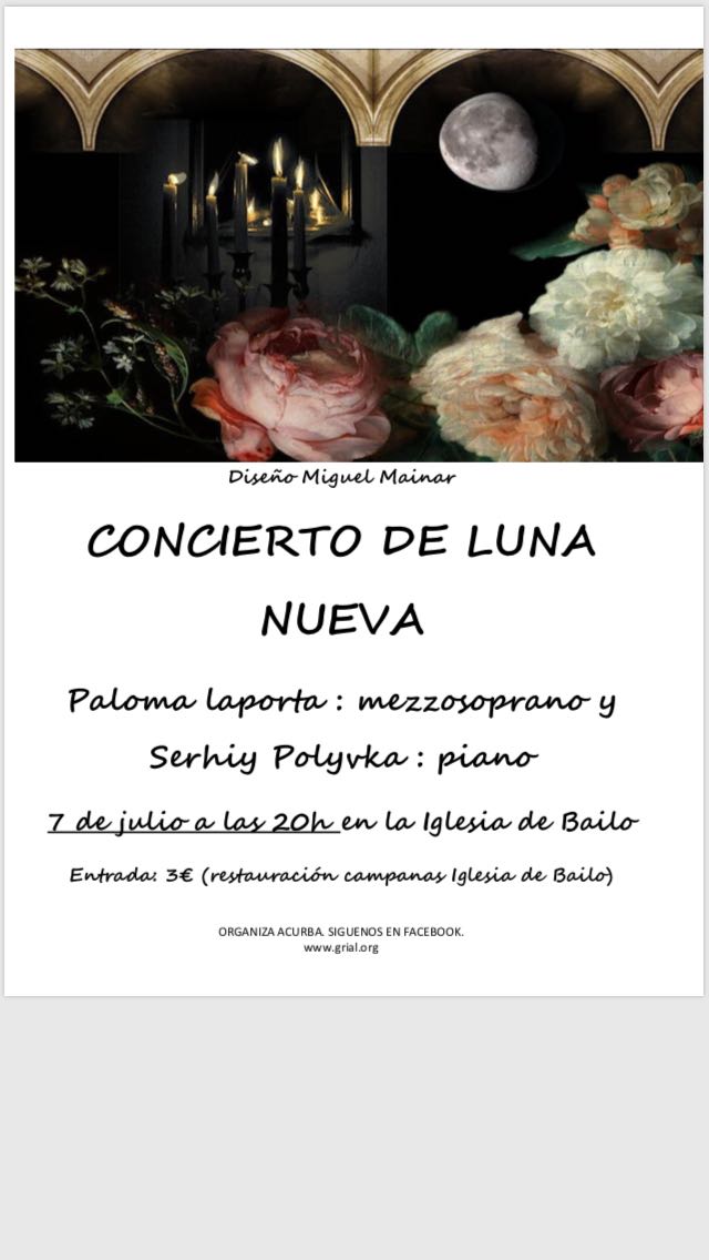 Este sábado 7 de julio a las 20 h, la iglesia de Bailo acogerá un recital a cargo de la mezzosoprano Paloma Laaporta, acompañada al piano por Serhiy Polyvka. Organizado por ACURBA, las entradas tendrán un precio de 3€ y el importe recaudado se dedicará a la restauración de las campanas de la iglesia.